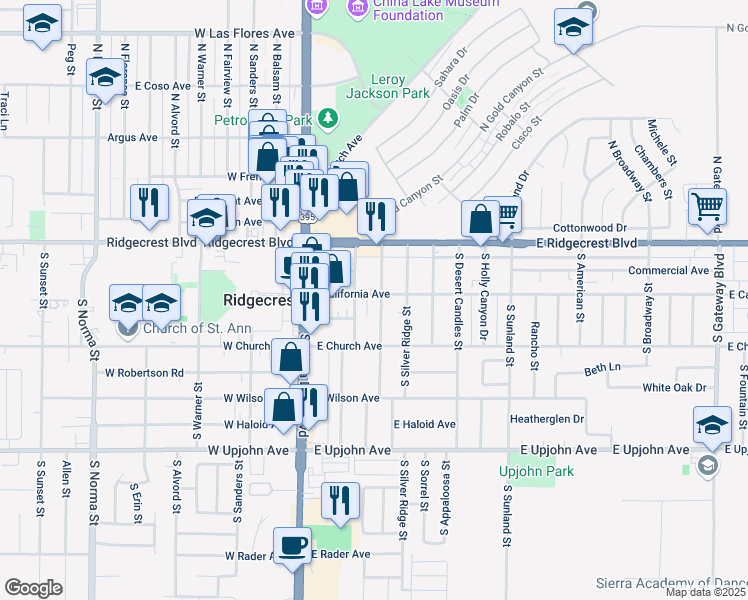 map of restaurants, bars, coffee shops, grocery stores, and more near 215 East California Avenue in Ridgecrest