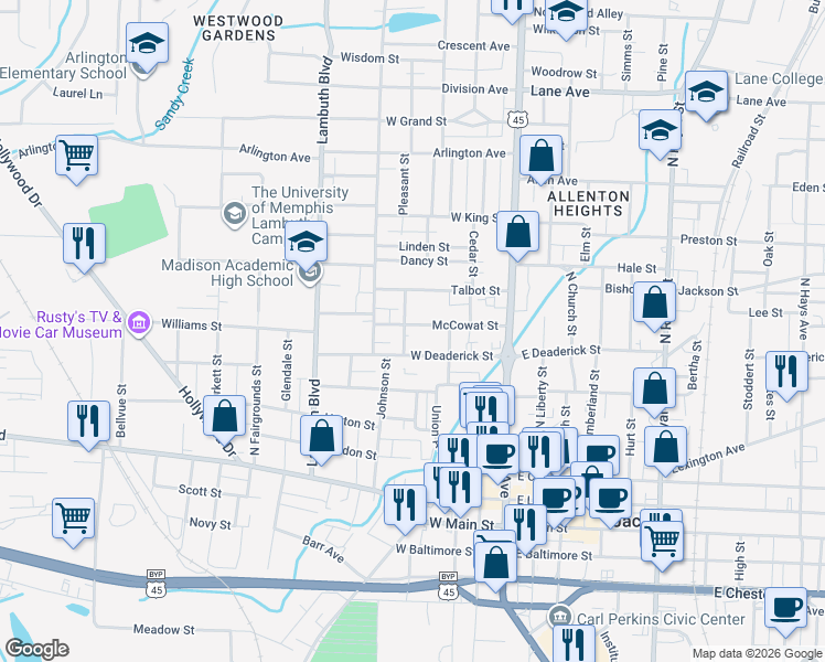 map of restaurants, bars, coffee shops, grocery stores, and more near 259 East Deaderick Street in Jackson
