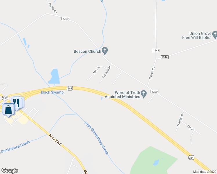 map of restaurants, bars, coffee shops, grocery stores, and more near 3060 Northgate Walk Drive in Farmville