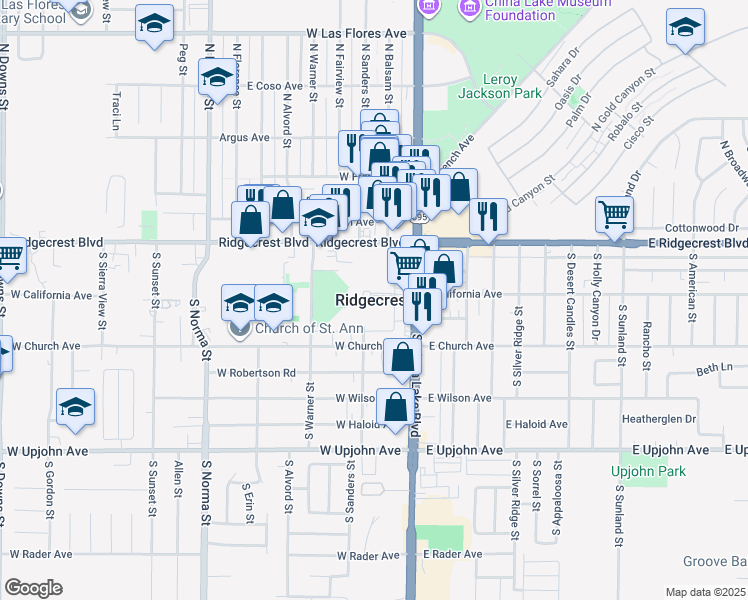 map of restaurants, bars, coffee shops, grocery stores, and more near 210 Ward Avenue in Ridgecrest