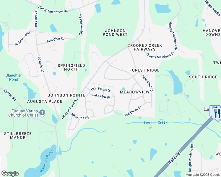 map of restaurants, bars, coffee shops, grocery stores, and more near 2917 High Plains Drive in Fuquay-Varina