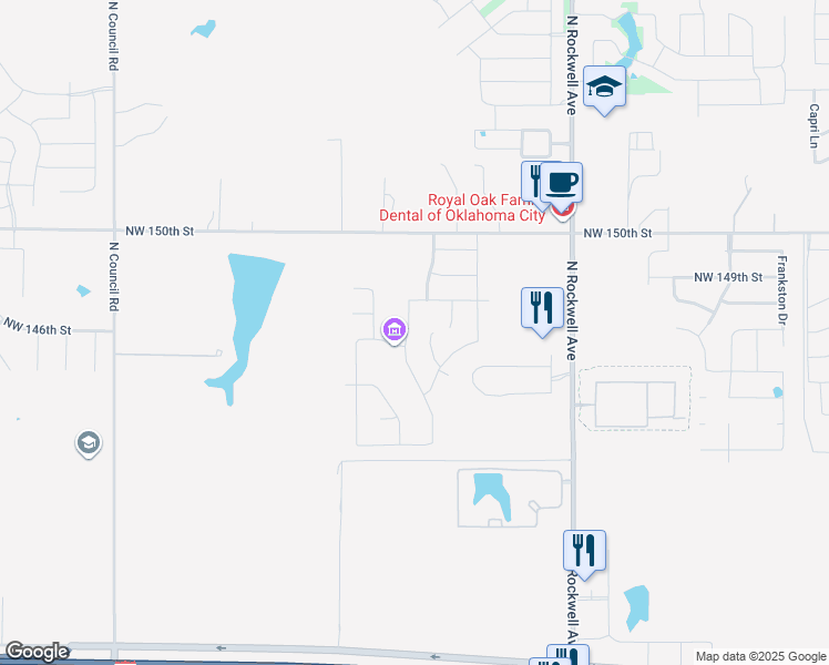 map of restaurants, bars, coffee shops, grocery stores, and more near 14808 Gravity Falls Lane in Oklahoma City