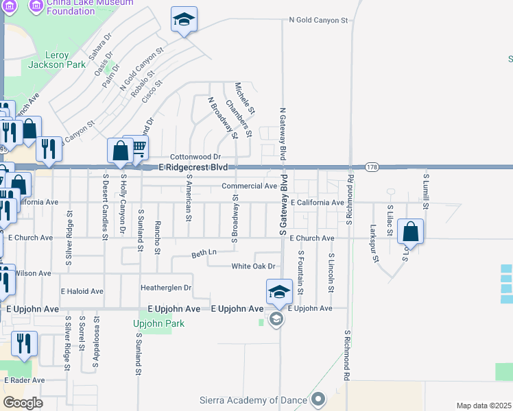 map of restaurants, bars, coffee shops, grocery stores, and more near 807 East California Avenue in Ridgecrest