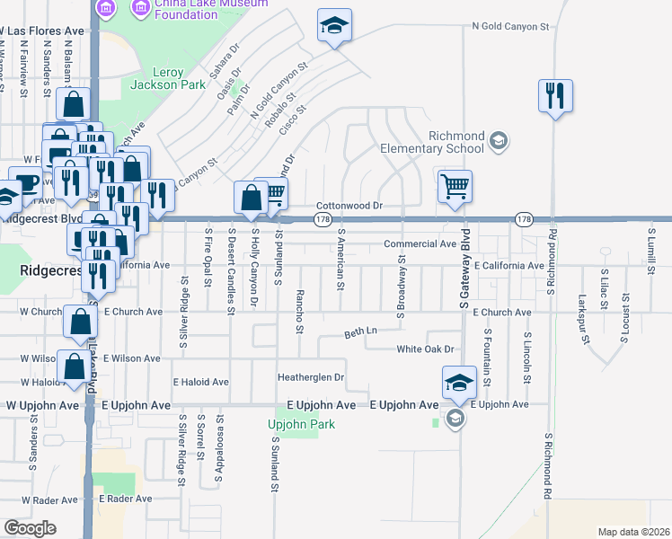 map of restaurants, bars, coffee shops, grocery stores, and more near 201 South American Street in Ridgecrest