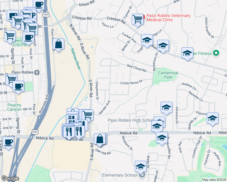 map of restaurants, bars, coffee shops, grocery stores, and more near 419 Cherokee Court in Paso Robles