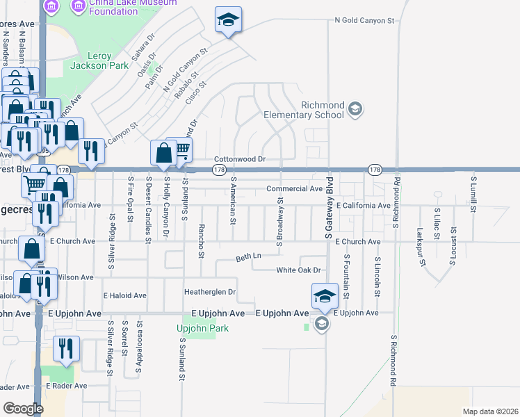 map of restaurants, bars, coffee shops, grocery stores, and more near 201 South Springside Street in Ridgecrest