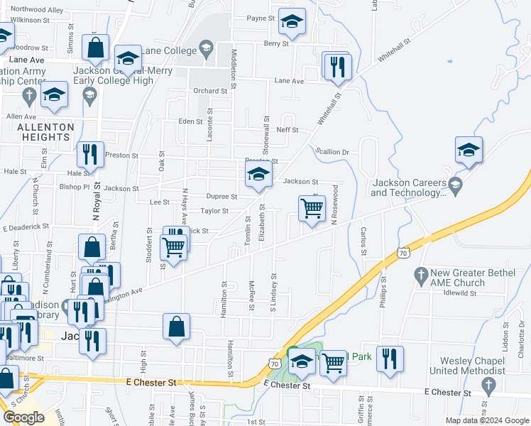 map of restaurants, bars, coffee shops, grocery stores, and more near 142 Elizabeth Street in Jackson