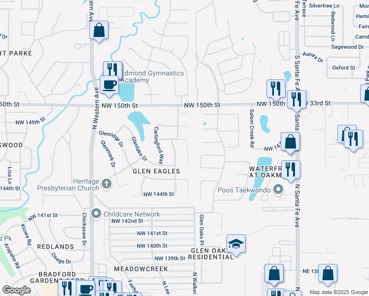 map of restaurants, bars, coffee shops, grocery stores, and more near 14800 Longford Way in Edmond