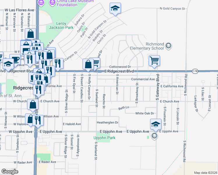 map of restaurants, bars, coffee shops, grocery stores, and more near 513 East California Avenue in Ridgecrest