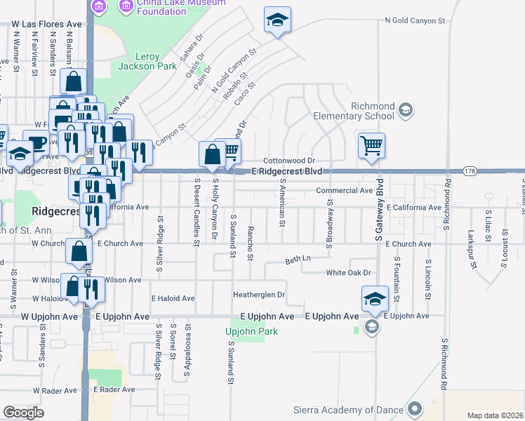 map of restaurants, bars, coffee shops, grocery stores, and more near 201 South Greenlawn Street in Ridgecrest