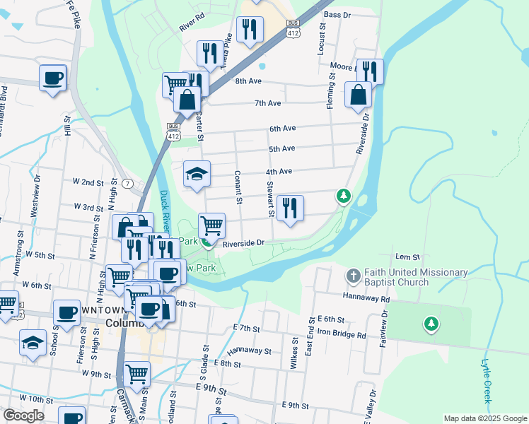 map of restaurants, bars, coffee shops, grocery stores, and more near 211 2nd Avenue in Columbia