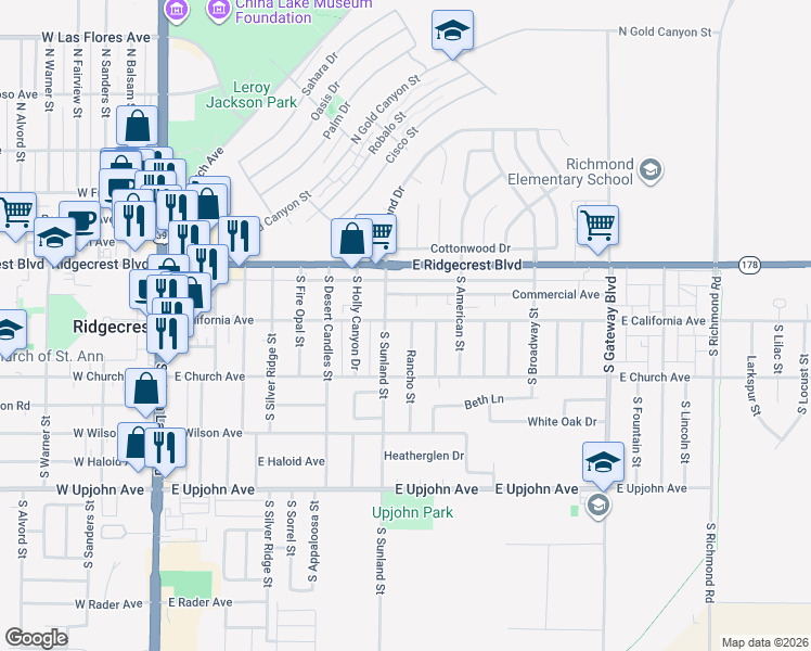 map of restaurants, bars, coffee shops, grocery stores, and more near 513 East California Avenue in Ridgecrest