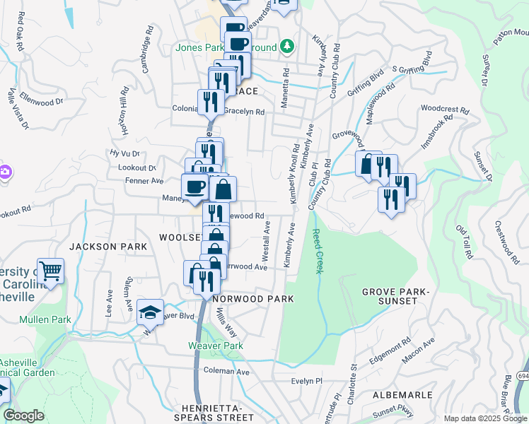 map of restaurants, bars, coffee shops, grocery stores, and more near 39 Edgewood Road in Asheville
