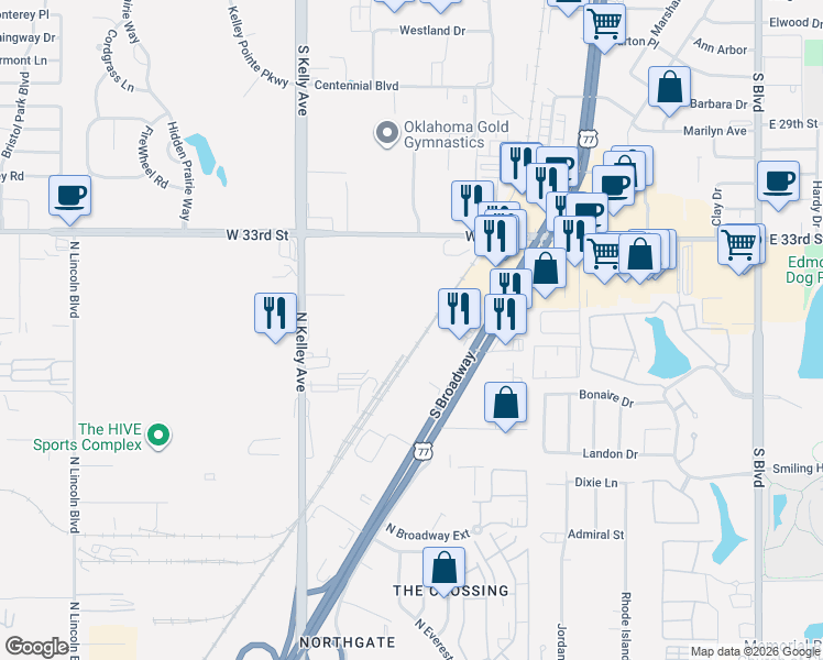 map of restaurants, bars, coffee shops, grocery stores, and more near 3601 South Broadway in Edmond