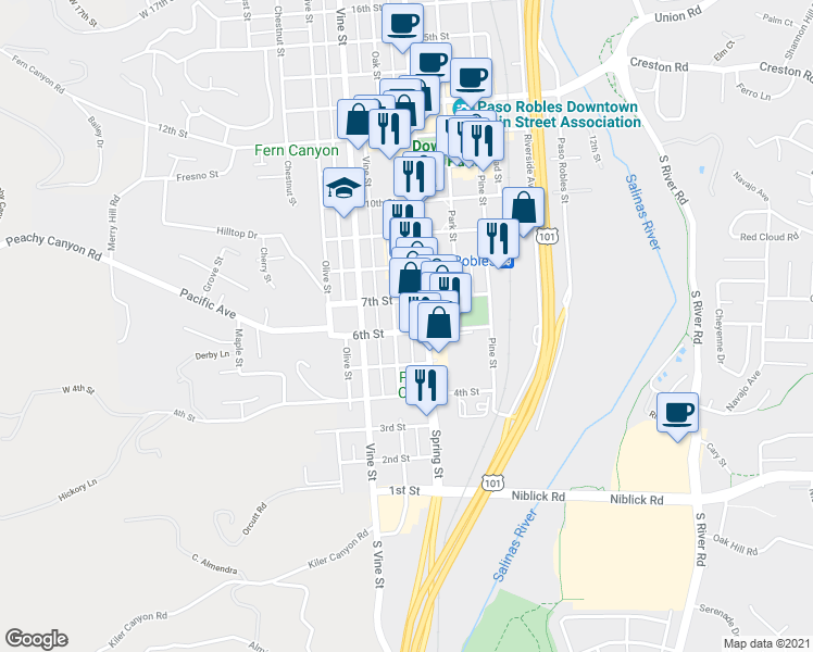 map of restaurants, bars, coffee shops, grocery stores, and more near 623 6th Street in Paso Robles