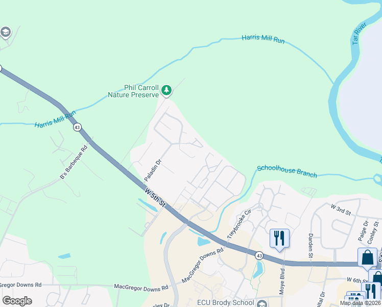 map of restaurants, bars, coffee shops, grocery stores, and more near 2508 Bluff View Court in Greenville
