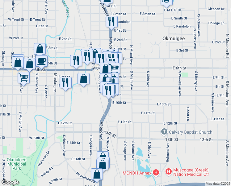 map of restaurants, bars, coffee shops, grocery stores, and more near 1013 East 9th in Okmulgee