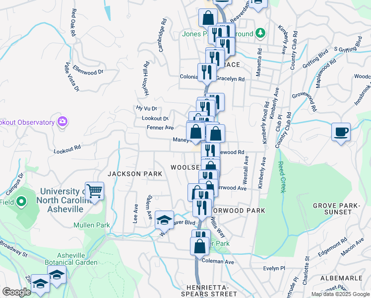 map of restaurants, bars, coffee shops, grocery stores, and more near Edgewood Road in Asheville