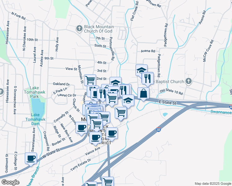 map of restaurants, bars, coffee shops, grocery stores, and more near 301 East State Street in Black Mountain