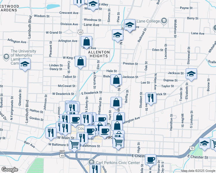 map of restaurants, bars, coffee shops, grocery stores, and more near 119 Prince Edward Street in Jackson