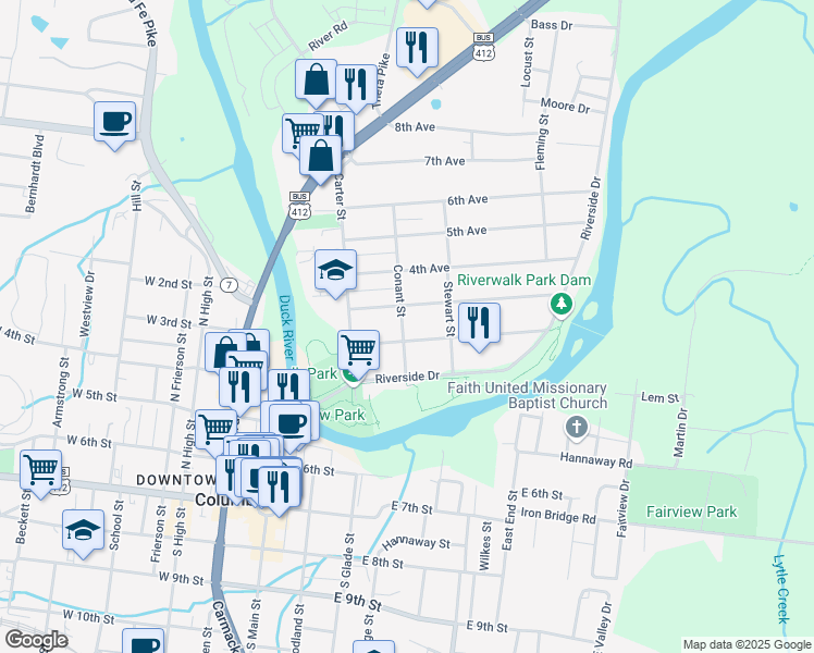 map of restaurants, bars, coffee shops, grocery stores, and more near 204 Conant Street in Columbia