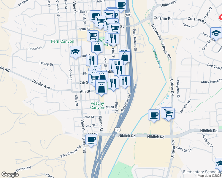 map of restaurants, bars, coffee shops, grocery stores, and more near in Paso Robles