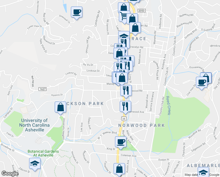 map of restaurants, bars, coffee shops, grocery stores, and more near 179 Edgewood Road in Asheville