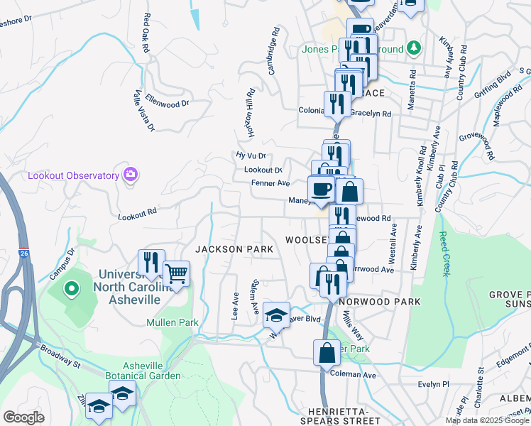 map of restaurants, bars, coffee shops, grocery stores, and more near 215 Edgewood Road in Asheville