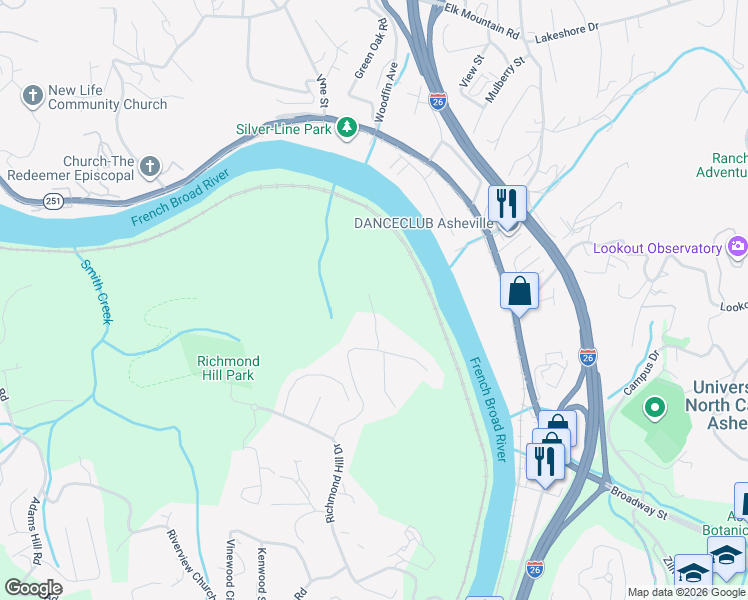 map of restaurants, bars, coffee shops, grocery stores, and more near 18 Robin Lane in Asheville