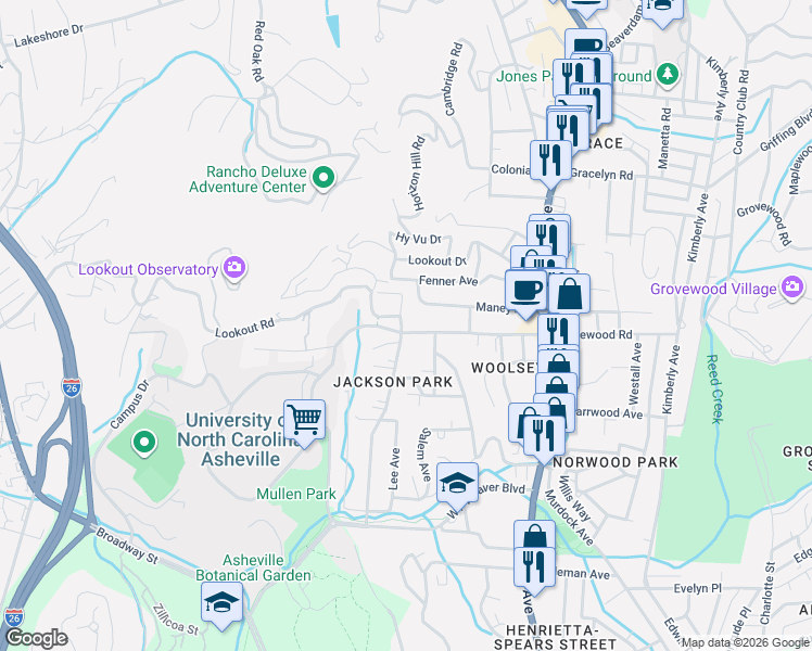 map of restaurants, bars, coffee shops, grocery stores, and more near 253 Edgewood Road in Asheville