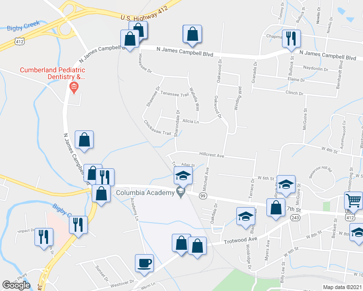 map of restaurants, bars, coffee shops, grocery stores, and more near 1012 Hillcrest Avenue in Columbia