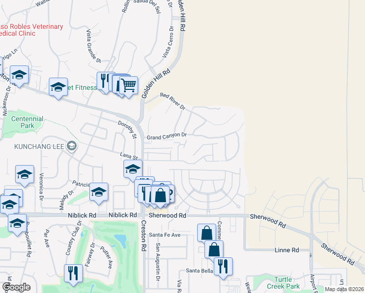 map of restaurants, bars, coffee shops, grocery stores, and more near 1314 Fire Thorn Lane in Paso Robles