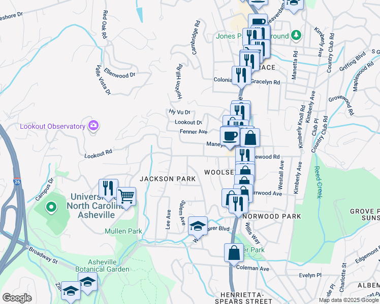 map of restaurants, bars, coffee shops, grocery stores, and more near 215 Edgewood Road in Asheville
