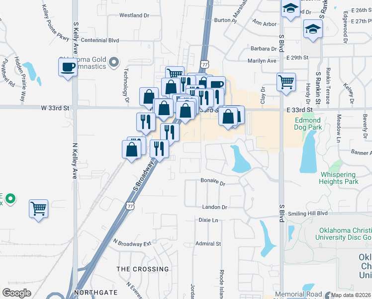 map of restaurants, bars, coffee shops, grocery stores, and more near 3613 Wynn Circle in Edmond