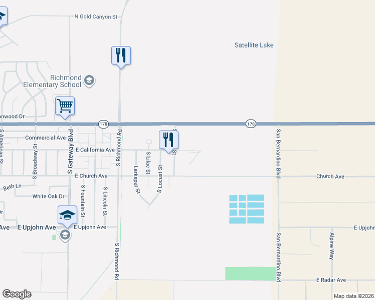 map of restaurants, bars, coffee shops, grocery stores, and more near 1290 East California Avenue in Ridgecrest