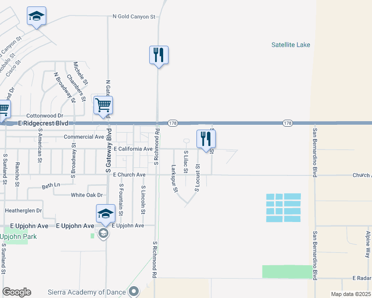 map of restaurants, bars, coffee shops, grocery stores, and more near 1198 East California Avenue in Ridgecrest