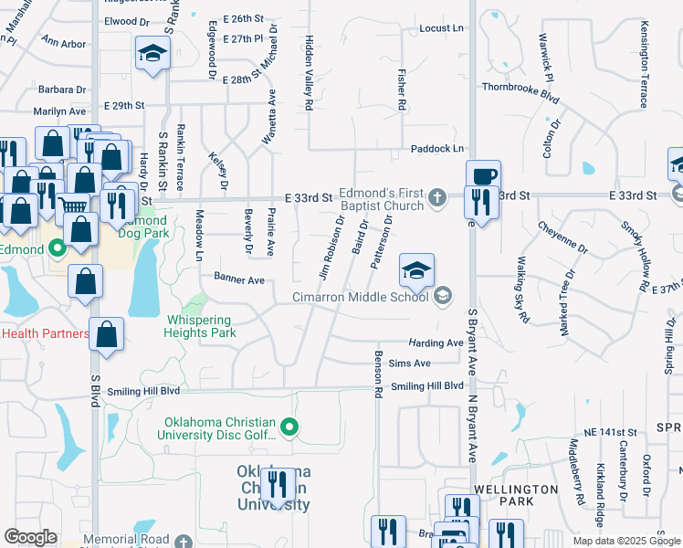 map of restaurants, bars, coffee shops, grocery stores, and more near 3516 Jim Robison Drive in Edmond