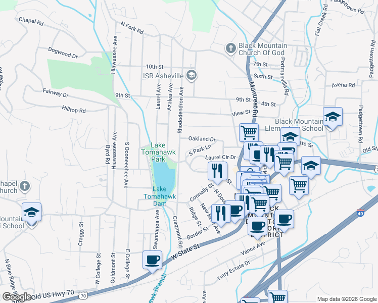 map of restaurants, bars, coffee shops, grocery stores, and more near 216 Laurel Circle Drive in Black Mountain