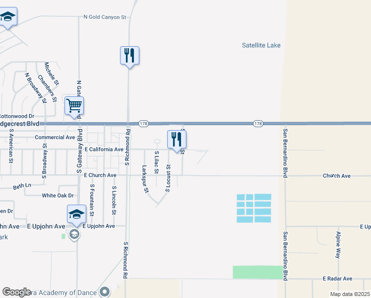 map of restaurants, bars, coffee shops, grocery stores, and more near 201 South Lumill Street in Ridgecrest