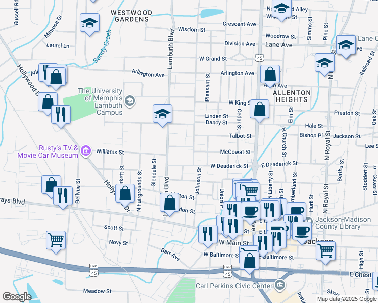 map of restaurants, bars, coffee shops, grocery stores, and more near 122 Pearl Avenue in Jackson