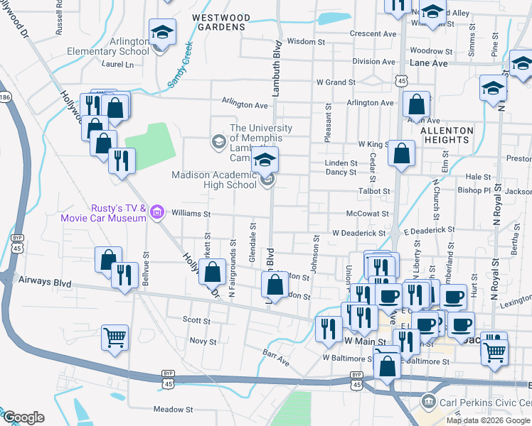 map of restaurants, bars, coffee shops, grocery stores, and more near 513 Lambuth Boulevard in Jackson