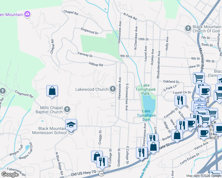map of restaurants, bars, coffee shops, grocery stores, and more near 411 Hiawassee Avenue in Black Mountain