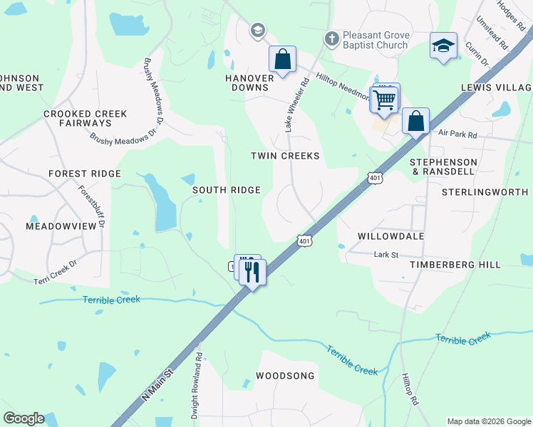 map of restaurants, bars, coffee shops, grocery stores, and more near 2516 Pleasant Rd in Fuquay-Varina