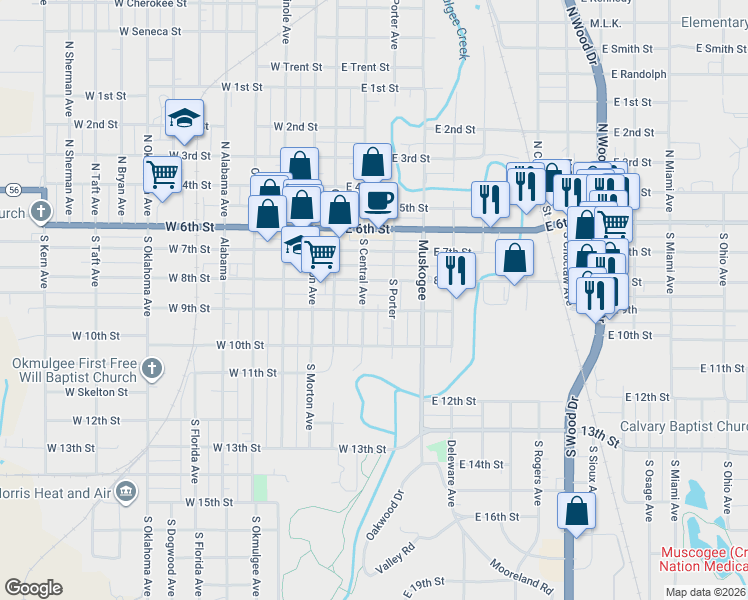 map of restaurants, bars, coffee shops, grocery stores, and more near 209 East 9th in Okmulgee