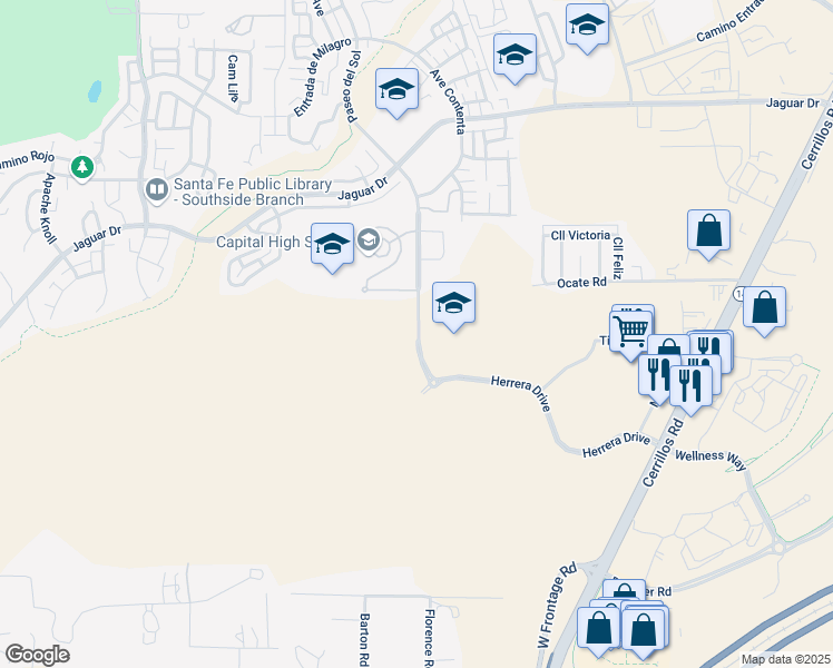 map of restaurants, bars, coffee shops, grocery stores, and more near 4798 Paseo Del Sol in Santa Fe