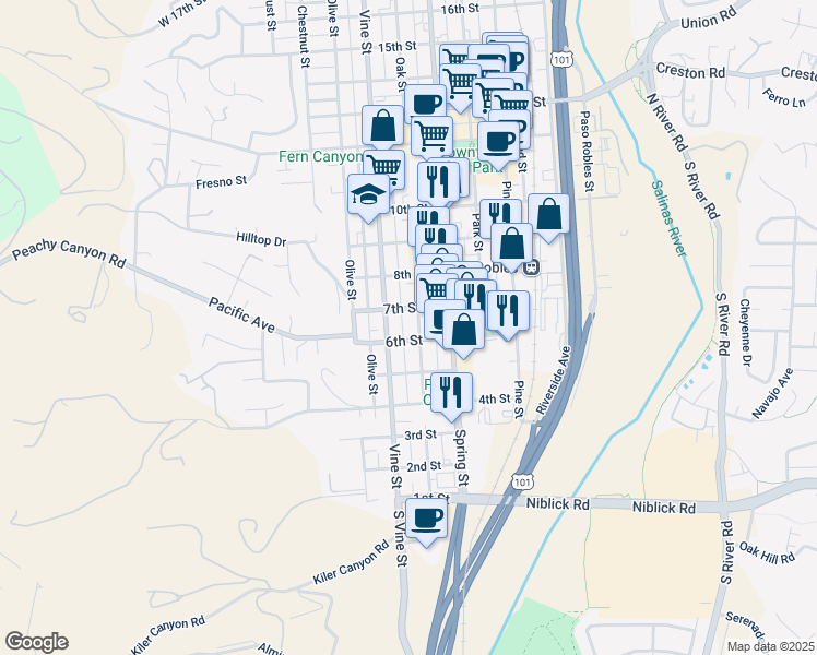 map of restaurants, bars, coffee shops, grocery stores, and more near 511 6th Street in Paso Robles