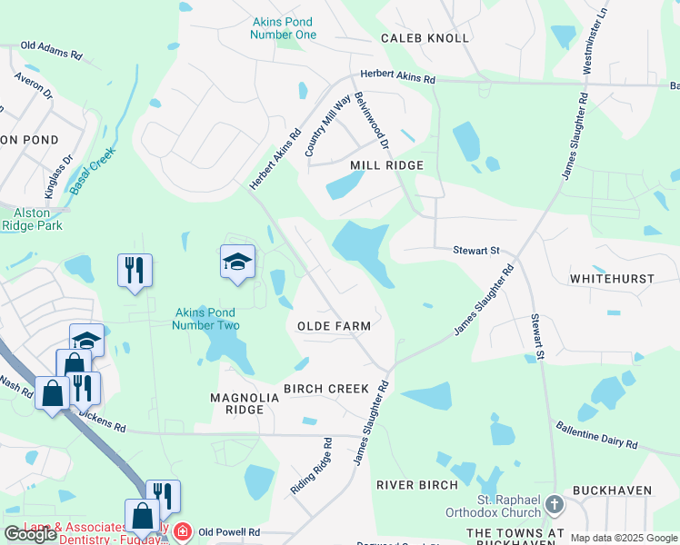 map of restaurants, bars, coffee shops, grocery stores, and more near Mills Crest Street in Fuquay Varina