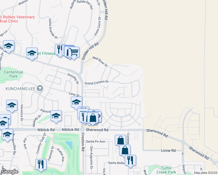 map of restaurants, bars, coffee shops, grocery stores, and more near 1314 Fire Thorn Lane in Paso Robles