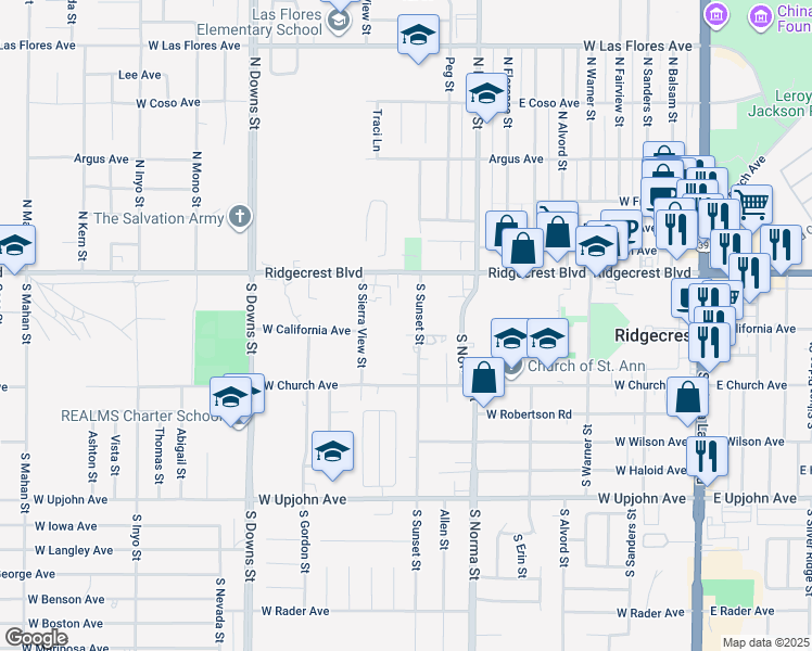 map of restaurants, bars, coffee shops, grocery stores, and more near 212 South Sunset Street in Ridgecrest