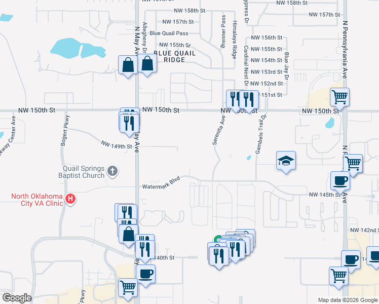 map of restaurants, bars, coffee shops, grocery stores, and more near 2701 Watermark Boulevard in Oklahoma City